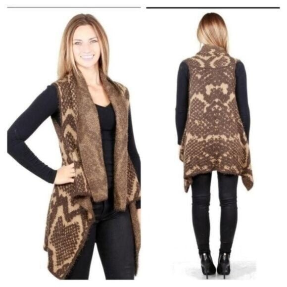 Brown Open Front Waterfall Knit Vest Cardigan Womens -ONE SIZE - Picture 1 of 5